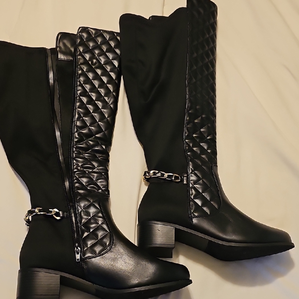 JustFab Black Over the Knee Quilted Boots with Chain